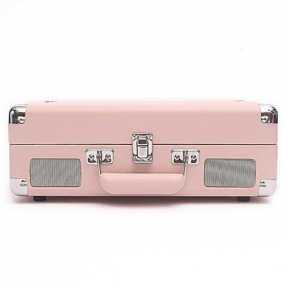 A closed Arkrocket Curiosity Suitcase Bluetooth Turntable (Pale Pink) resembling a vintage suitcase with silver corner accents and a carrying handle