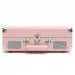 A closed Arkrocket Curiosity Suitcase Bluetooth Turntable (Pale Pink) resembling a vintage suitcase with silver corner accents and a carrying handle