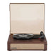 A closed dust cover reveals the elegant wooden design and woven speaker grille of the Crosley Scout Turntable - Walnut