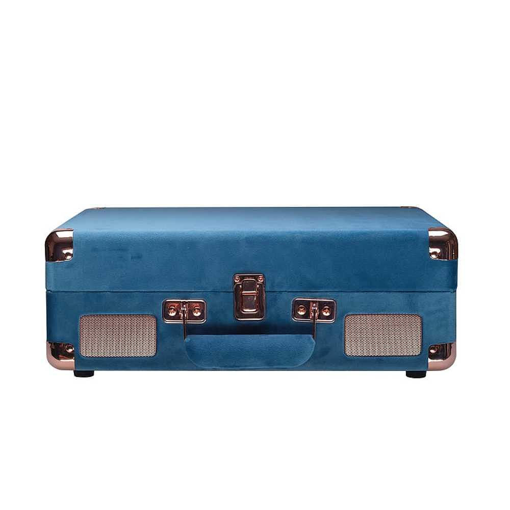 A closed view of Arkrocket Curiosity Suitcase Bluetooth Turntable (Ocean Velvet) showing the blue velvet case with gold hardware and built-in speakers