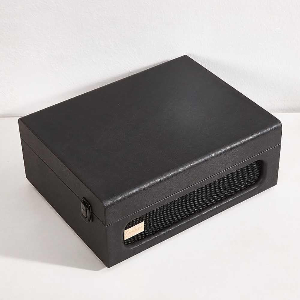 A closed view of the Arkrocket Coryphaeus Bluetooth Record Player with Record Storage Case (BlackGreen)