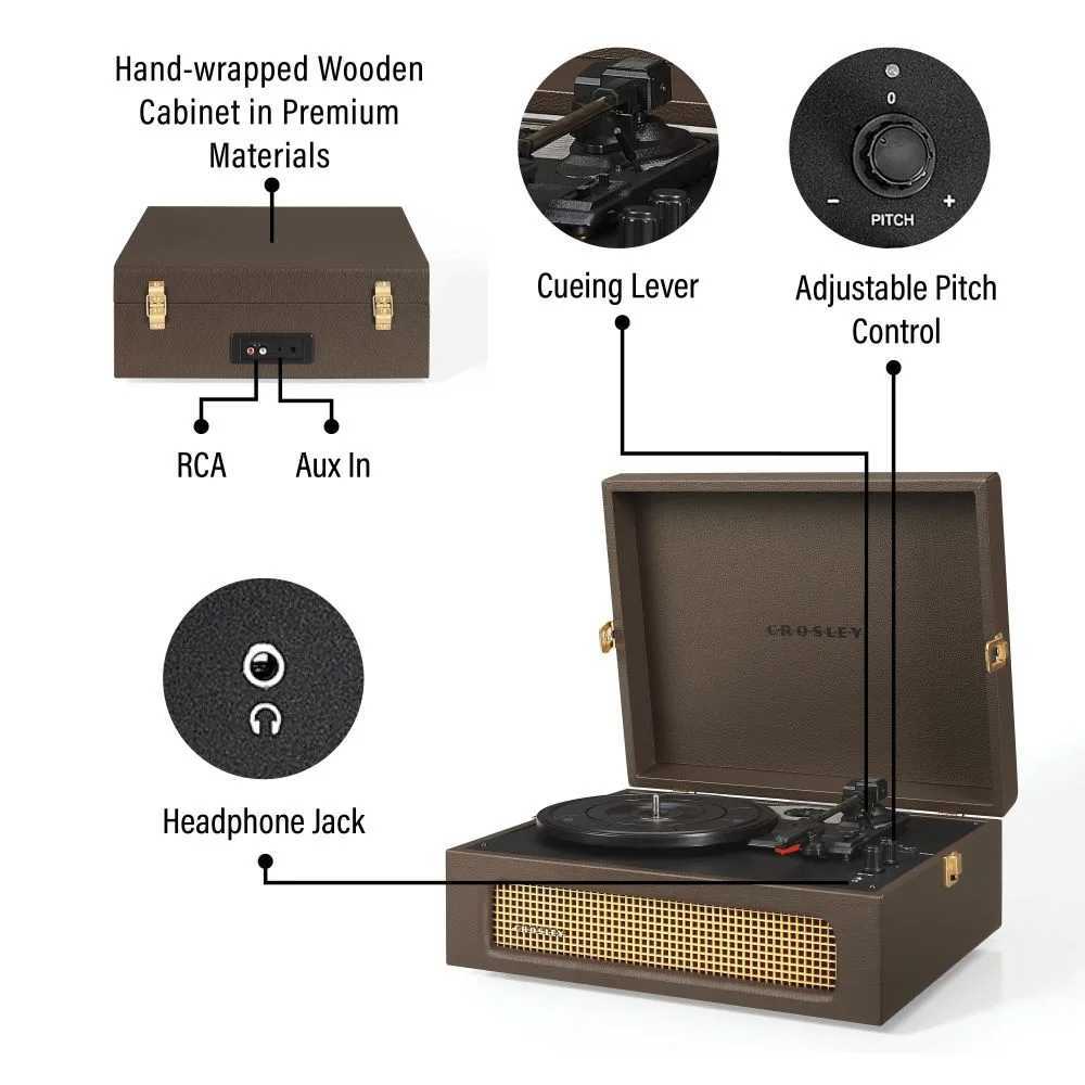 A closer look at Crosley Voyager Portable Turntable with Bluetooth Out - Cocoa showcases its hand-wrapped wooden cabinet, cueing lever, adjustable pitch control, RCA, Aux In, and headphone jack