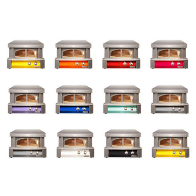 A collection of Alfresco Grills 30 Pizza Oven Plus - Countertop Model units is displayed in various vibrant colors