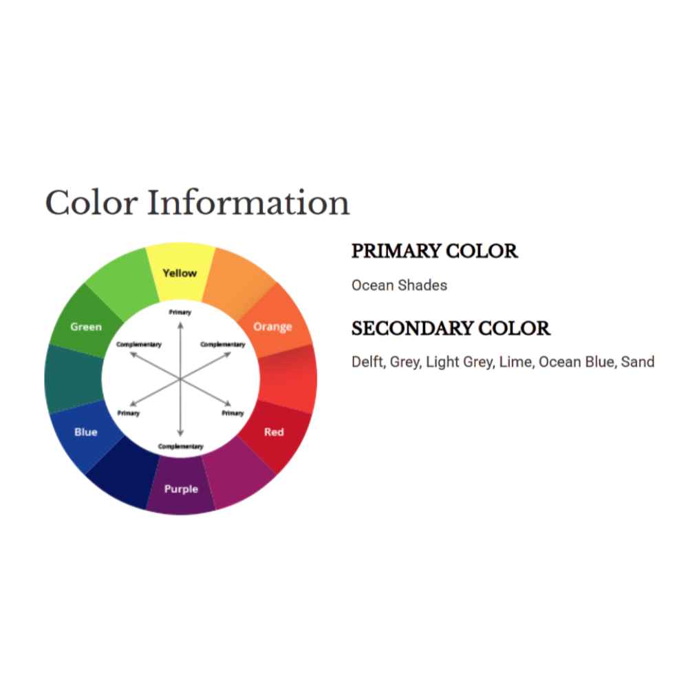 A color chart highlights the Couristan Cottages Indoor/Outdoor Rug - Alki/Ocean Shapes with primary tones of ocean shades and secondary accents of Delft, grey, lime, and sand