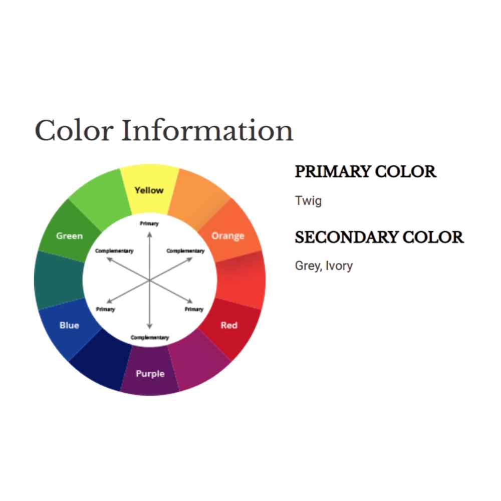 A color chart identifies “Twig” as the primary color and “Grey” and “Ivory” as secondary shades used in the Couristan Charm Indoor/Outdoor Rug - Aurora/Twig