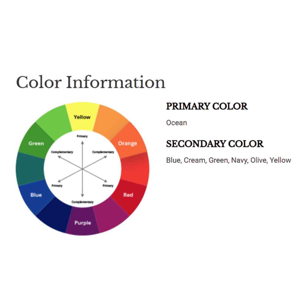 A color chart shows the Couristan Covington Indoor/Outdoor Rug - Rip Tide/Ocean-Green features ocean as its primary color, with blue, cream, green, navy, olive, and yellow as secondary colors