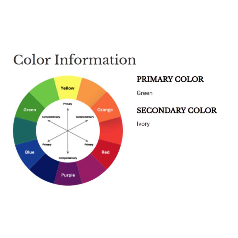 A color wheel alongside text identifying green as the primary color and ivory as the secondary color of the Couristan Cottages Indoor/Outdoor Rug - Southport/Green