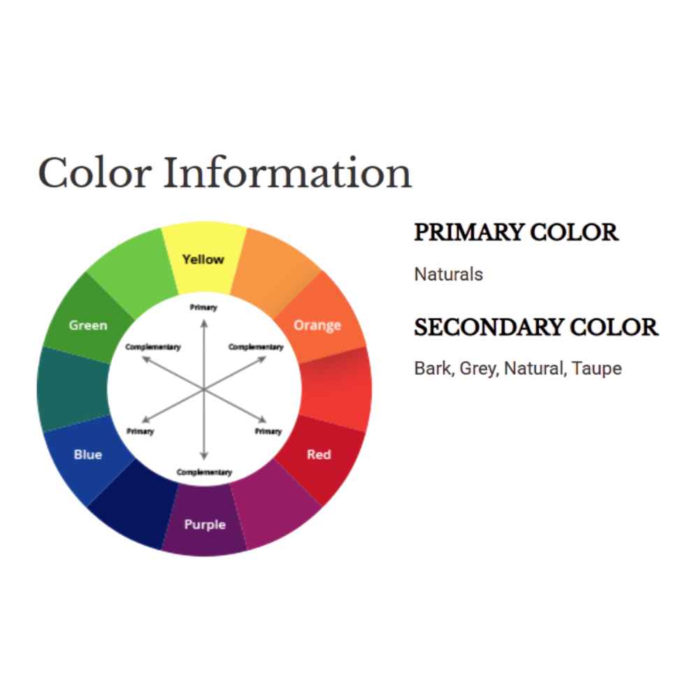 A color wheel chart beside the Couristan Charm Indoor/Outdoor Rug - Kimberly/Naturals explains its color palette of naturals, bark, grey, and taupe