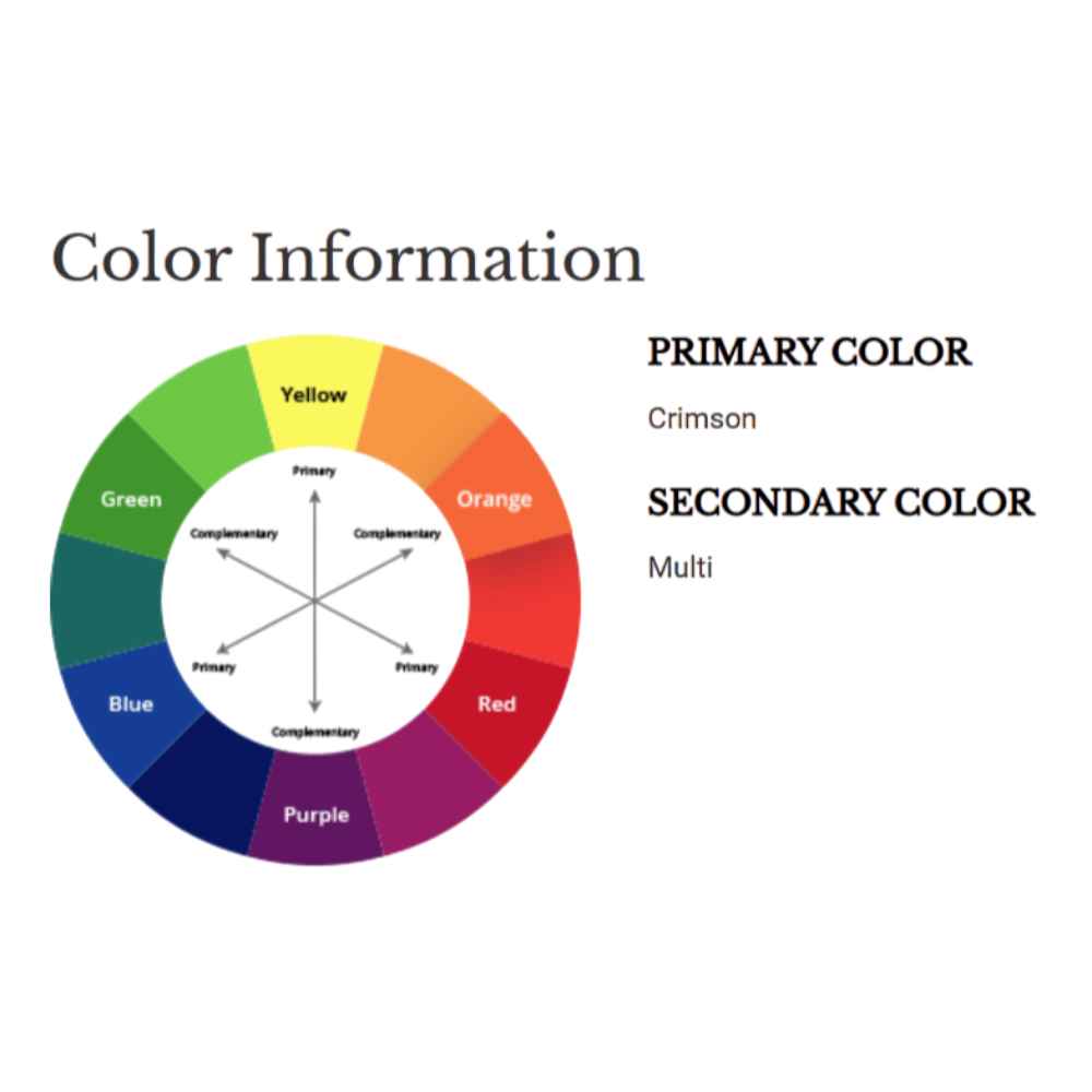 A color wheel chart for the Couristan Cape Indoor/Outdoor Rug - Hinsdale/Crimson-Multi identifies crimson as the primary color and multicolor as the secondary