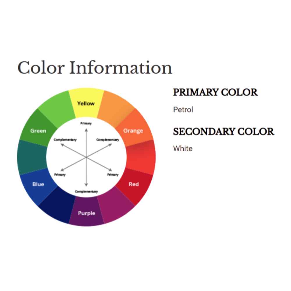 A color wheel chart identifies petrol as the primary and white as the secondary color of the Couristan Castille Indoor/Outdoor Rug - Palma/Petrol.