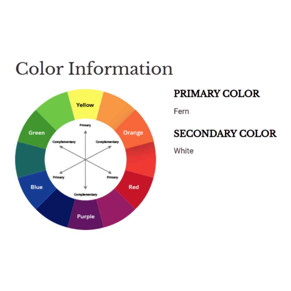 A color wheel chart identifies the Couristan Castille Indoor/Outdoor Rug - Palma/Fern’s primary color as fern green and secondary color as white