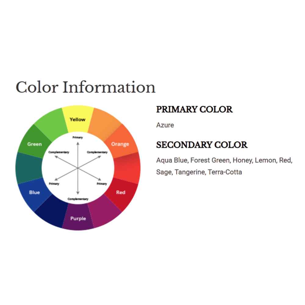 A color wheel graphic for the Couristan Covington Indoor/Outdoor Rug - Tropical Orchid/Azure-Forest Green-Red indicates azure as the primary color with rich, nature-inspired secondary hues