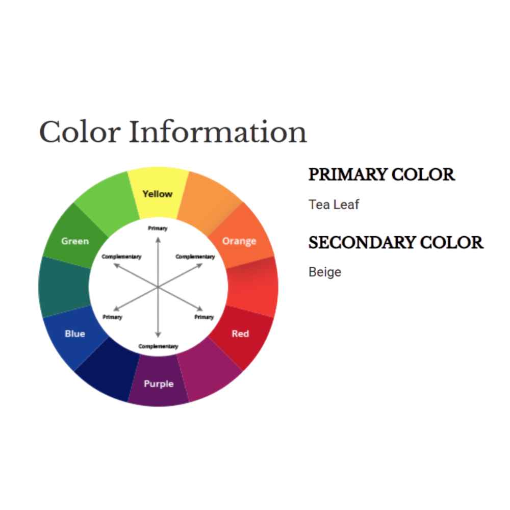 A color wheel graphic highlights the Couristan Castille Indoor/Outdoor Rug - Fiore/Tea Leaf primary color as tea leaf green and its secondary color as beige