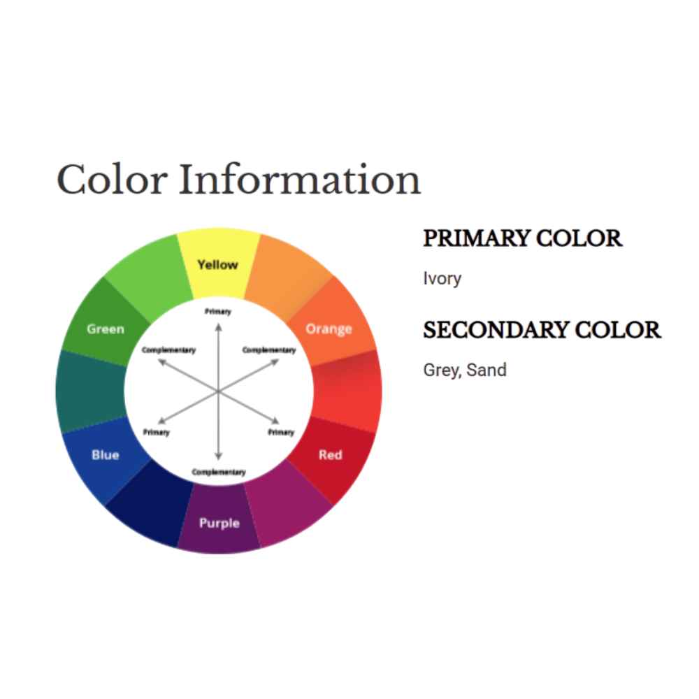 A color wheel graphic identifies ivory as the primary color and grey and sand as secondary hues for the Couristan Charm Indoor/Outdoor Rug - Woodburn/Ivory-Sand