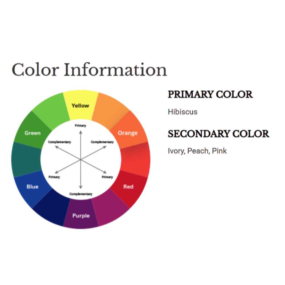 A color wheel graphic identifies the Couristan Cape Indoor/Outdoor Rug - Gables/Hibiscus as having hibiscus as its primary color with ivory, peach, and pink as secondary tones