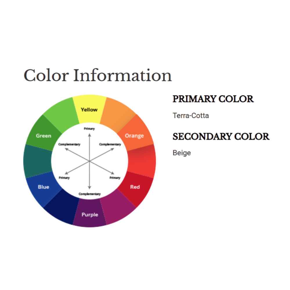 A color wheel graphic identifies the Couristan Castille Indoor/Outdoor Rug - Fiore/Terra-Cotta’s main color as terracotta with beige as its secondary shade