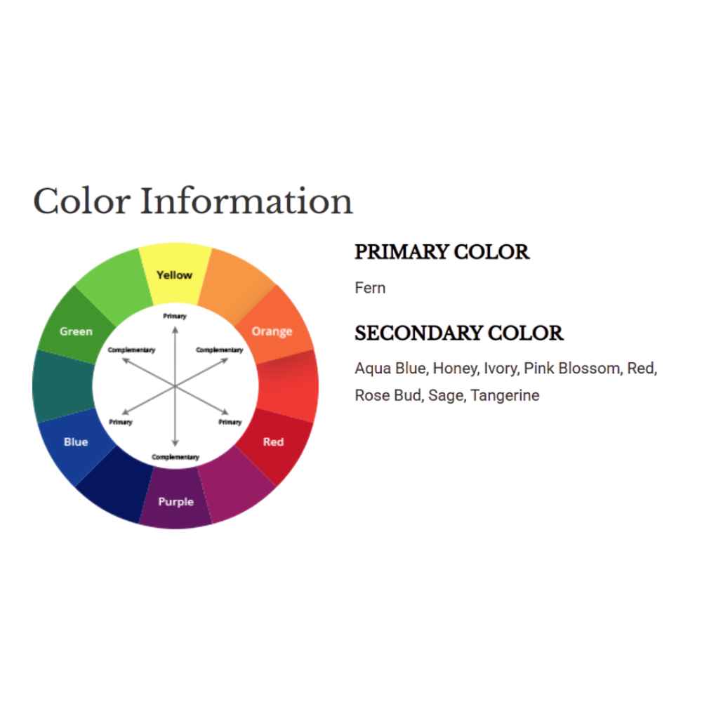 A color wheel graphic identifies the main tones in the Couristan Covington Indoor/Outdoor Rug - Painted Fern/Fern-Red, with Fern as the primary and nine complementary shades