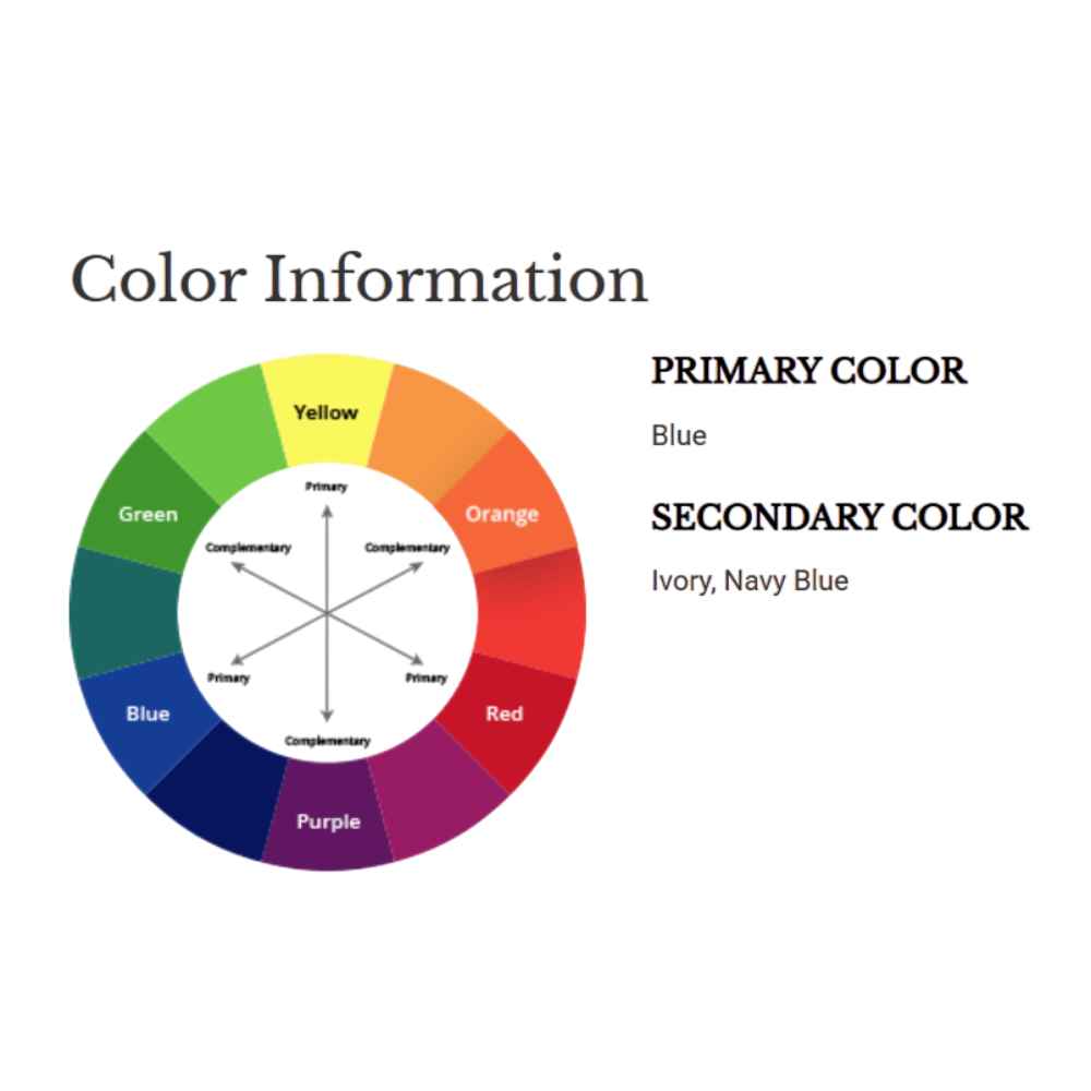 A color wheel graphic lists the Couristan Covington Indoor/Outdoor Rug - Palm Leaves/Blue as primarily blue with ivory and navy as secondary colors