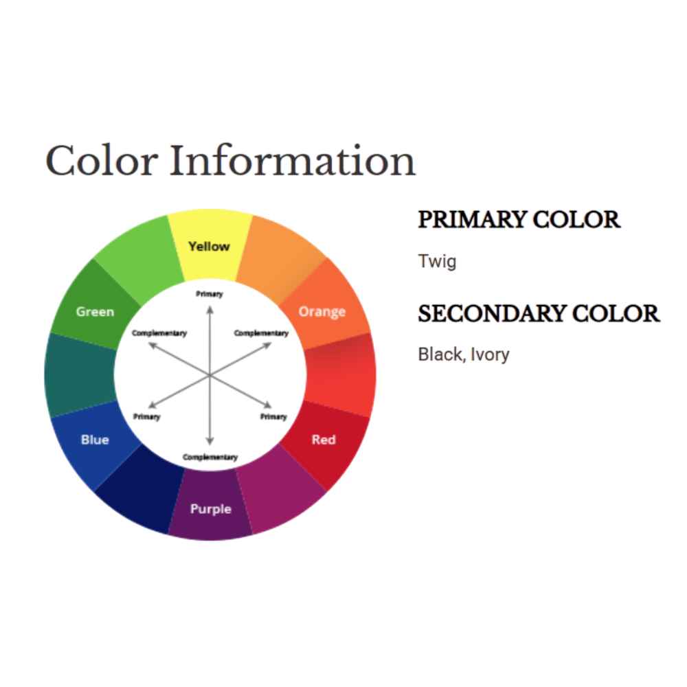 A color wheel graphic lists the primary color of the Couristan Charm Indoor/Outdoor Rug - Yukon/Twig as Twig, with Black and Ivory as secondary