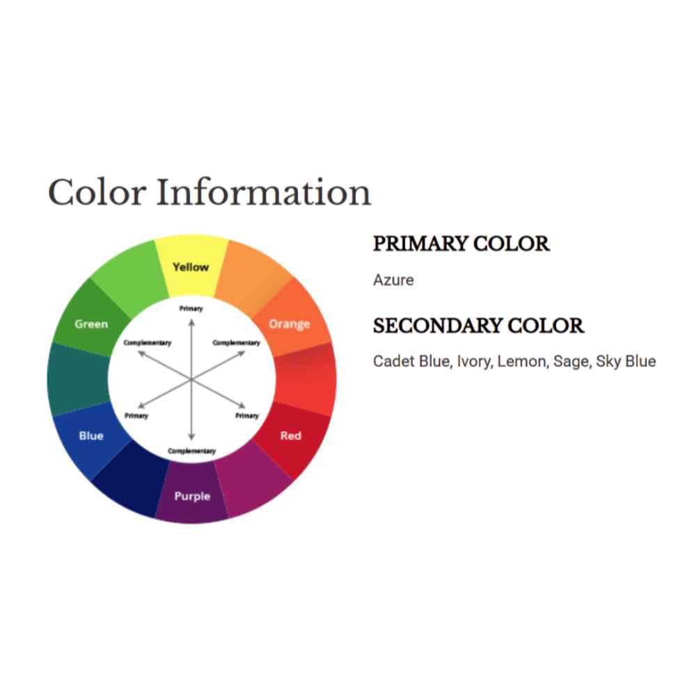 A color wheel graphic shows the palette of the Couristan Covington Indoor/Outdoor Rug - Delfina/Azure-Lemon, listing azure as the primary color with supporting tones like cadet blue, lemon, and sage