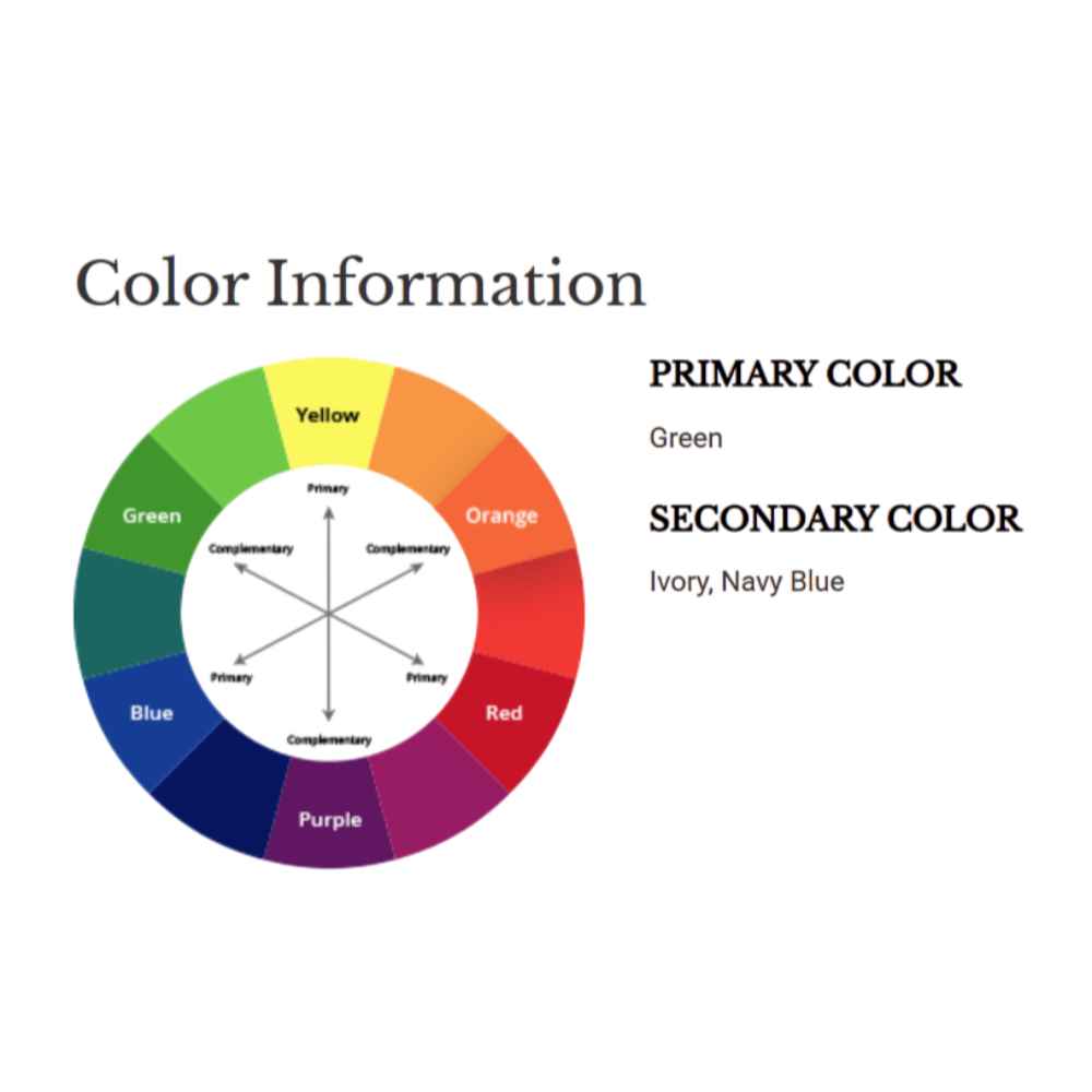 A color wheel infographic lists green as the primary and ivory and navy blue as secondary colors for the Couristan Covington Indoor/Outdoor Rug - Palm Leaves/Green