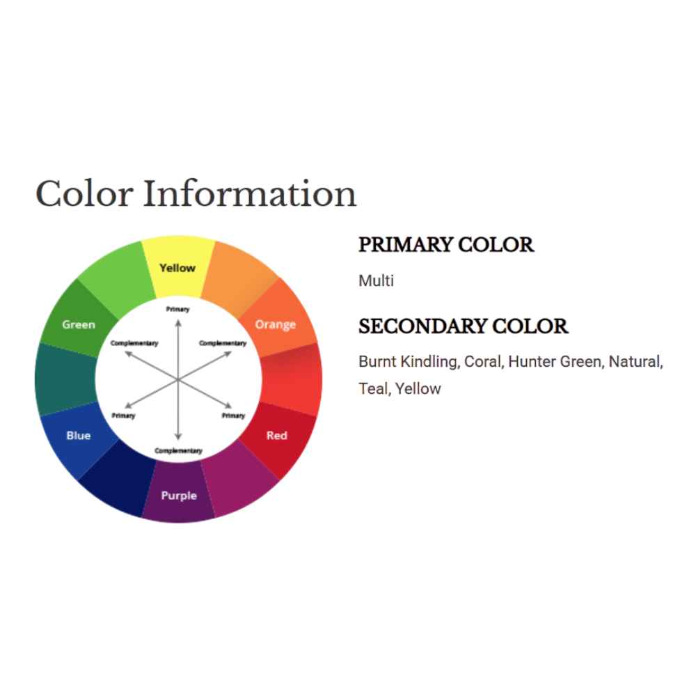 A color wheel with text describes the Couristan Cape Indoor/Outdoor Rug - Fayston/Multi as multi-colored with accents like burnt kindling, coral, and teal