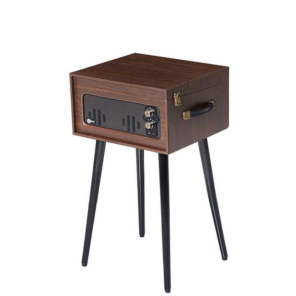 A compact Arkrocket Discovery II Bluetooth Record Player Stand with 3-Speed Turntable (Espresso) with the lid closed