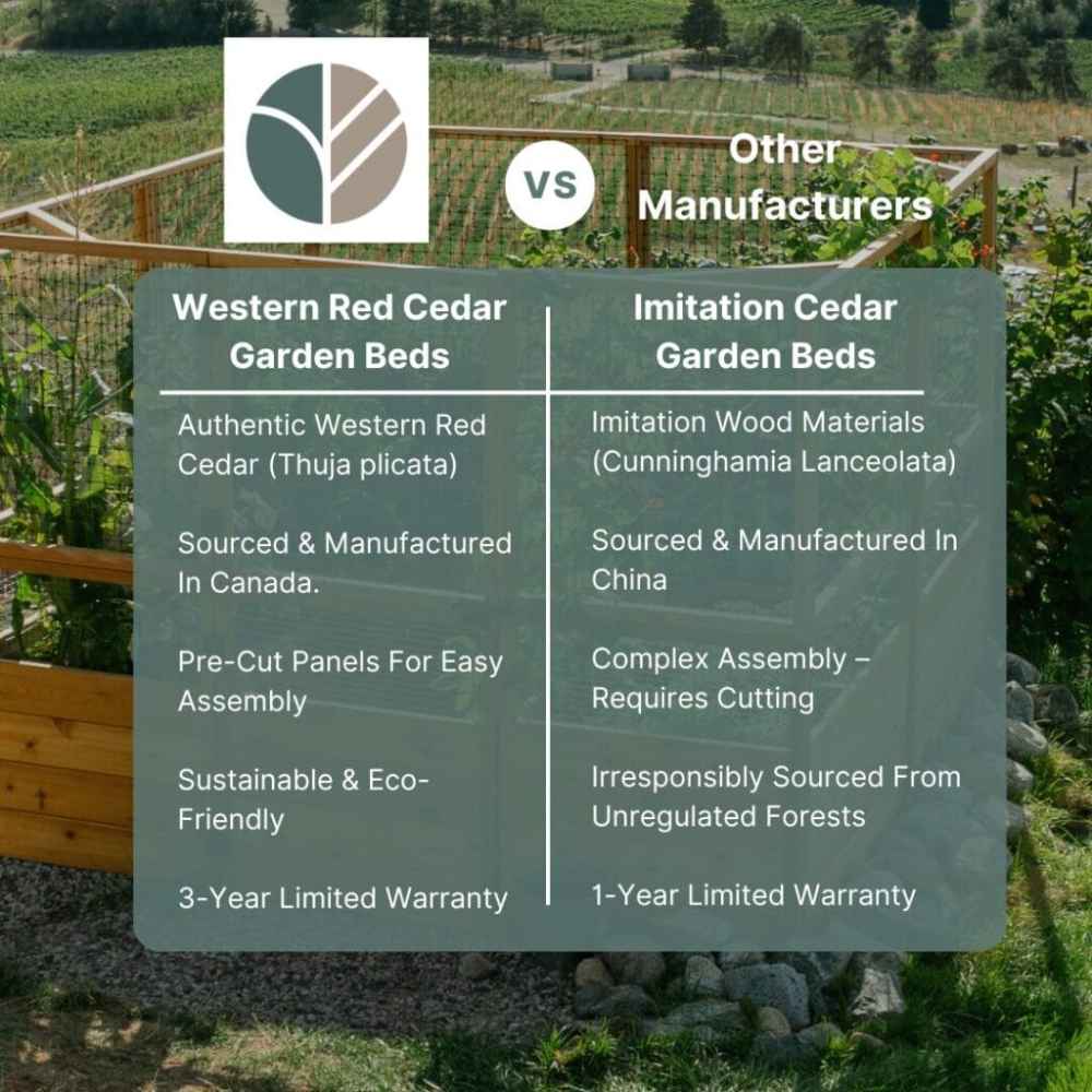 A comparison chart of materials and warranties is displayed over an Outdoor Living Today 8×8 Raised Garden Bed in a green garden setting