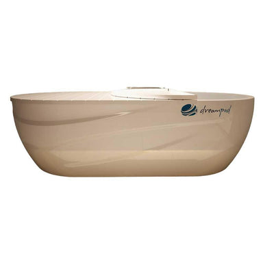 A creamy Dreampod Home Float Pro float tank sits in isolation, showcasing its smooth, rounded form and branded logo