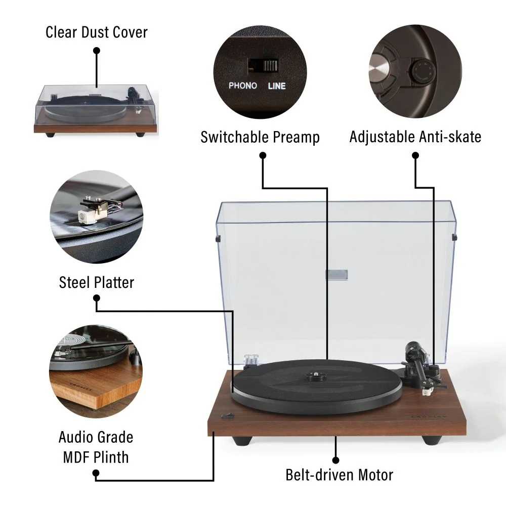 A detailed breakdown of the Crosley KT6101 K-Series Turntable System - Mahogany displays its switchable preamp, anti-skate adjustment, steel platter, and MDF plinth