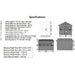 A detailed specifications and measurements for the Outdoor Living Today 12×16 Sunshed Garden Shed, including dimensions, window sizes, and shipping weights