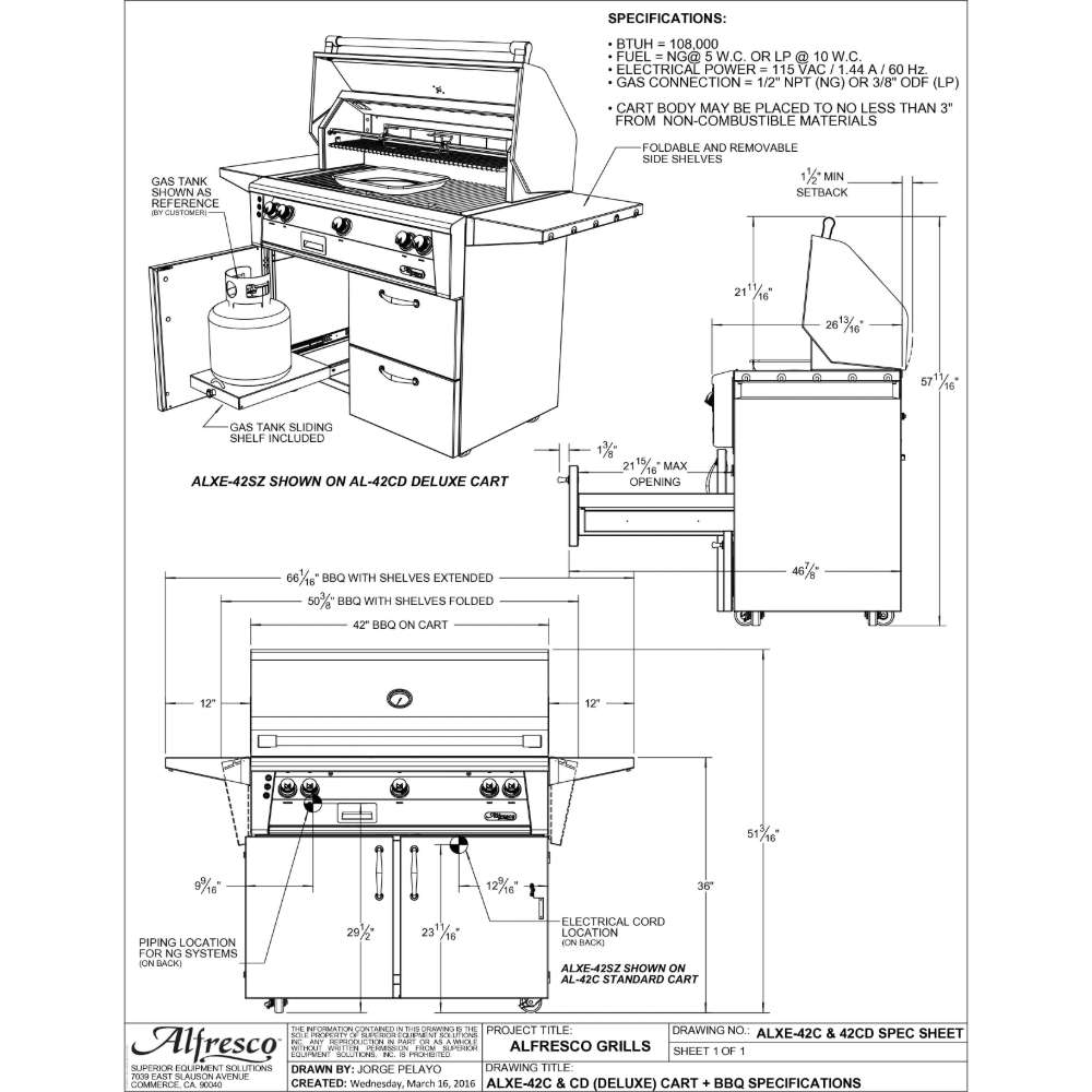 A detailed specification sheet for the Alfresco Grills 42″ Luxury Grill Standard Cart Model outlines dimensions, power requirements, and key features