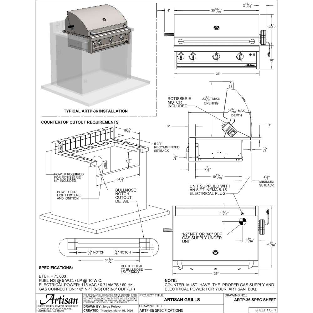 A detailed spec sheet of the Alfresco Grills Artisan Professional 36” Built-In Grill, 3 Burner provides installation measurements, cutout requirements, and gas connection details