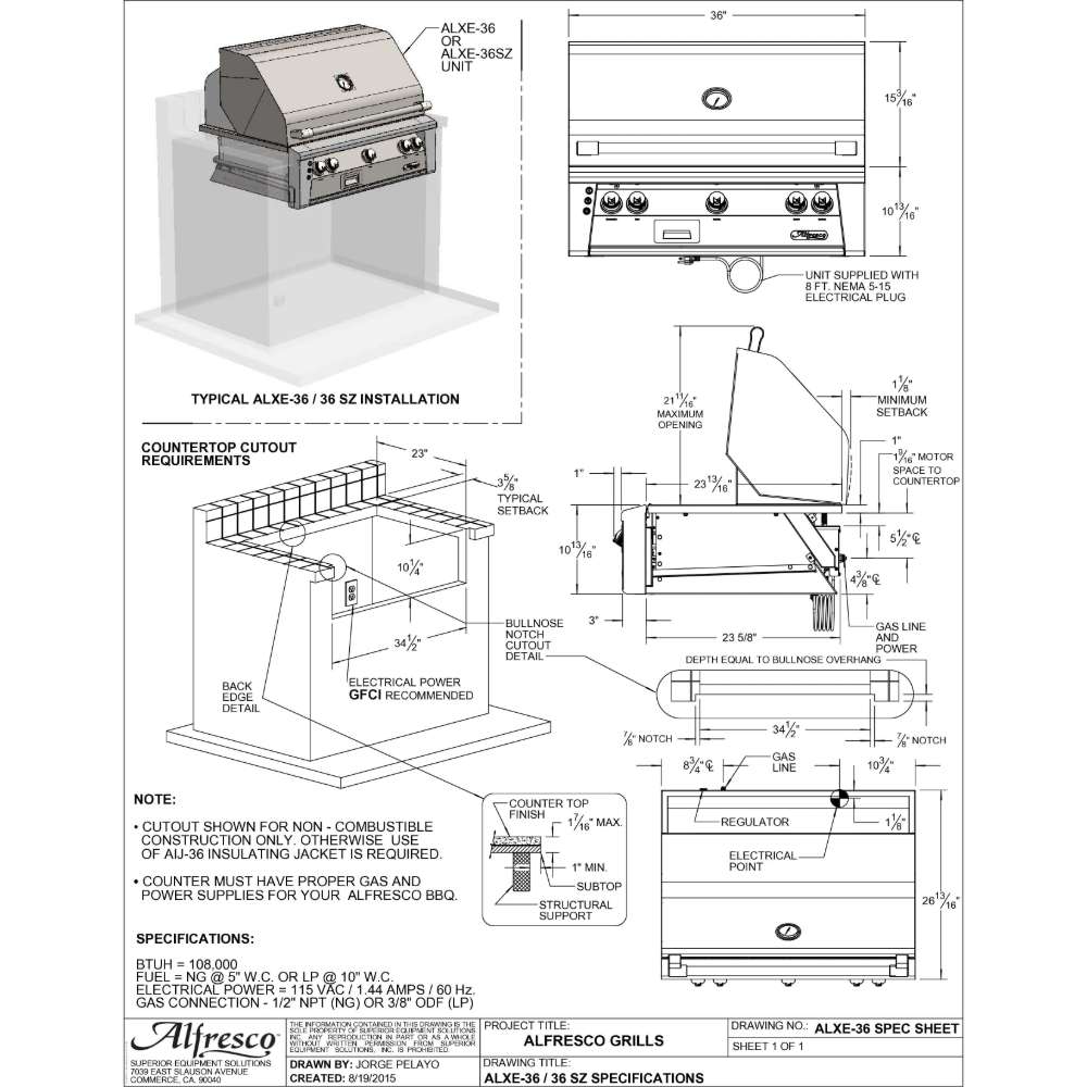 A detailed technical blueprint of the Alfresco Grills 36″ Luxury Grill Built-In, showing dimensions, installation specifications, and power requirements