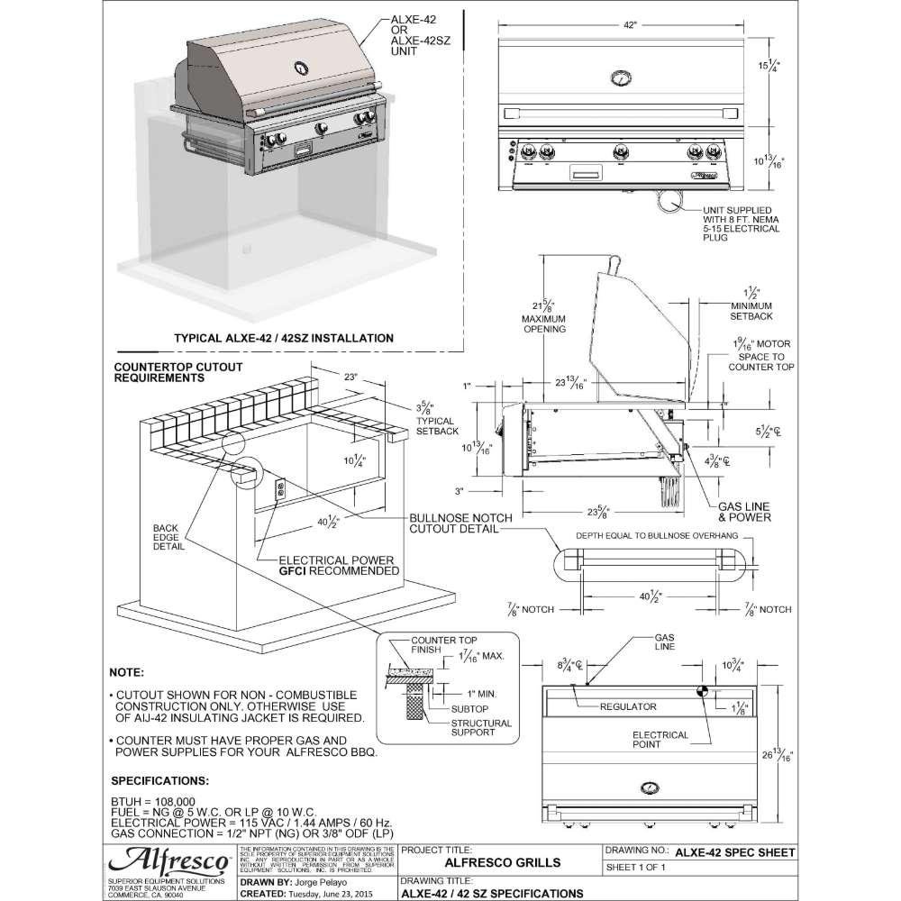 A detailed technical drawing of the Alfresco Grills 42″ Luxury Grill Built-In, providing precise measurements