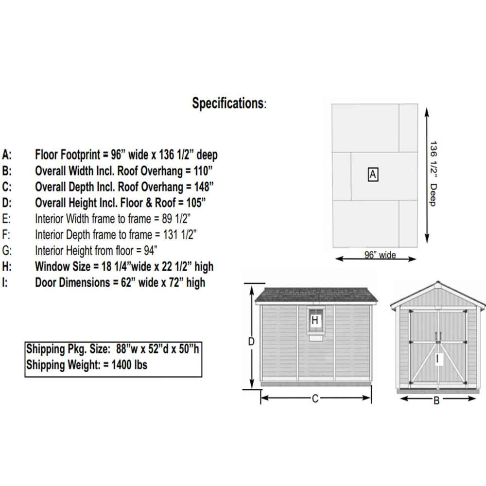 A diagram displays the precise dimensions and specs of the Outdoor Living Today 8×12 Space Master Storage Shed, including door and window sizes