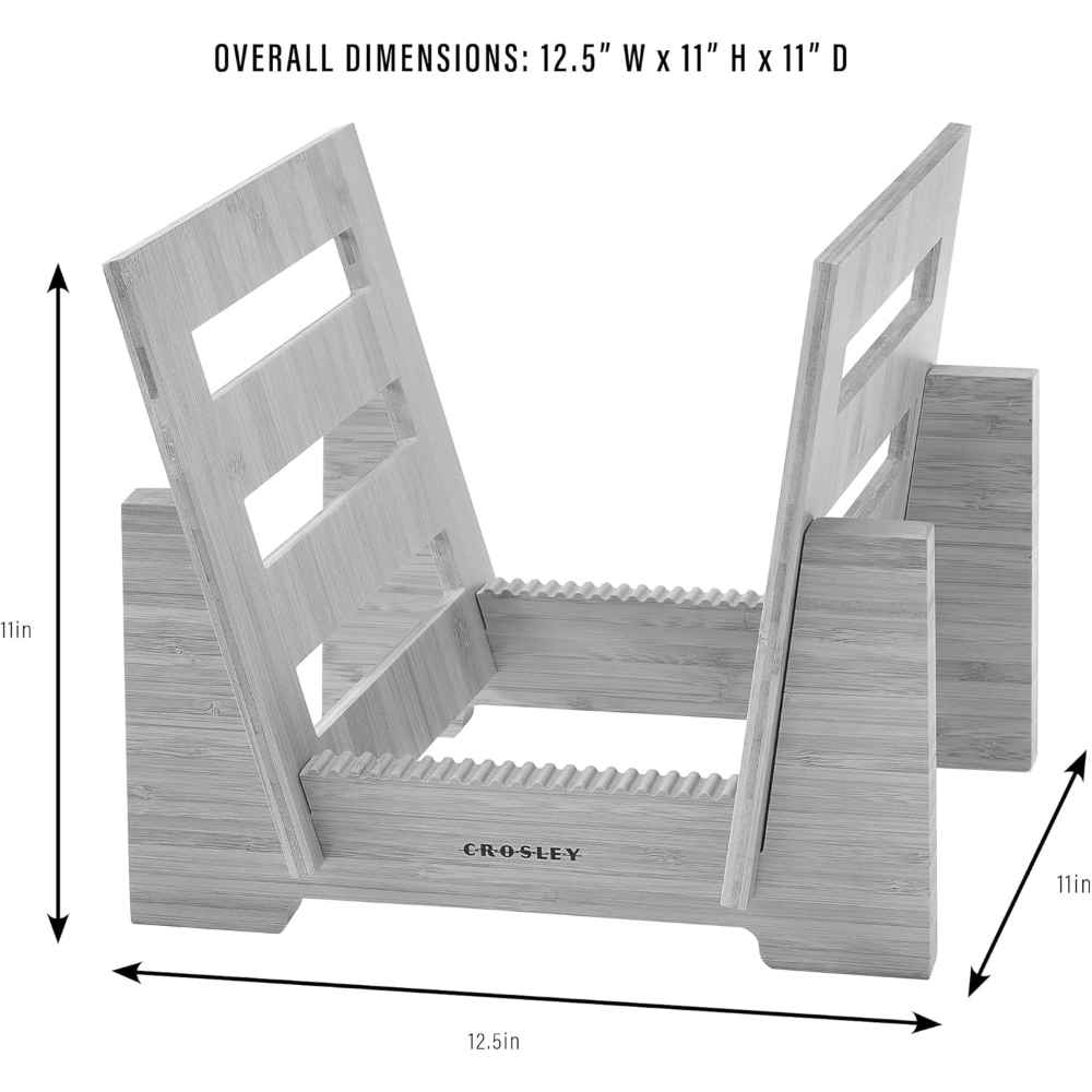 A diagram of the Crosley Record Storage Display Stand - Bamboo shows its 12.5 width, 11 height, and 11 depth