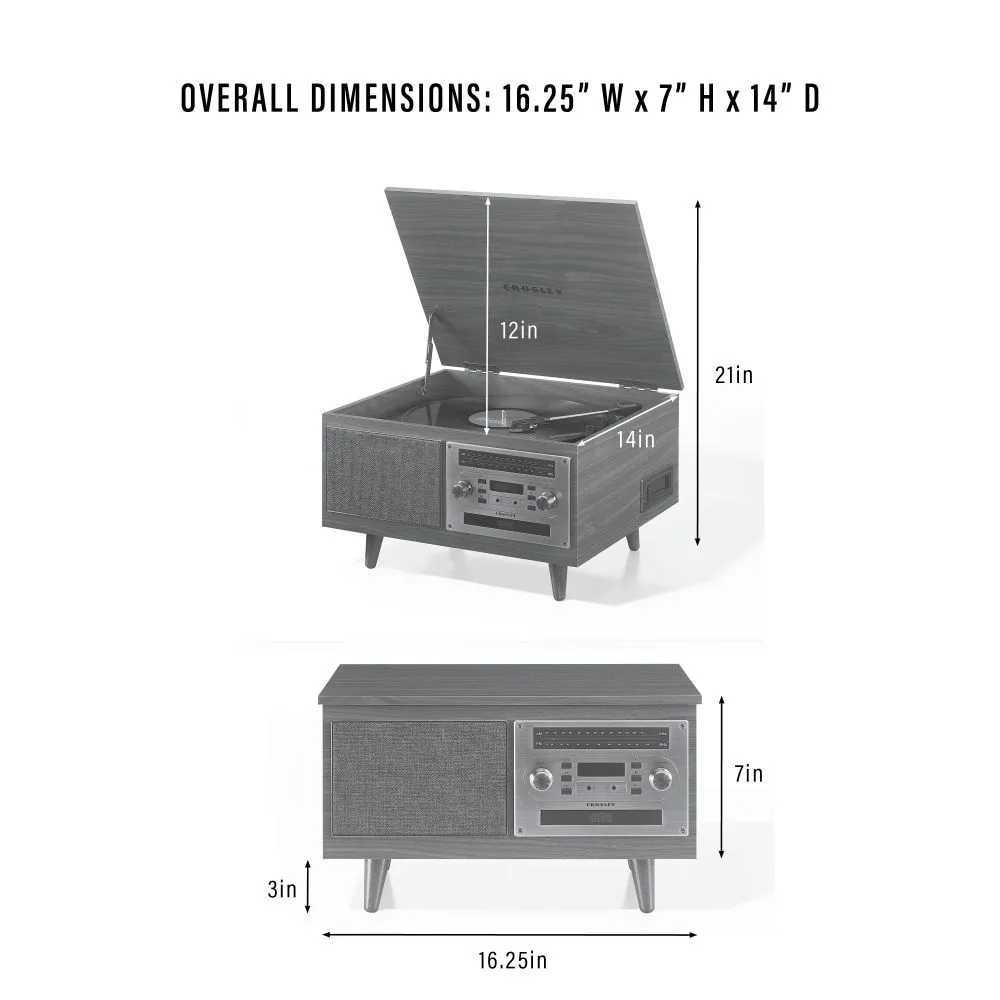 A diagram of the Crosley Serenade 8-In-1 Record Player - Walnut provides dimensions, showing 16.25 inches wide, 7 inches tall, and 14 inches deep