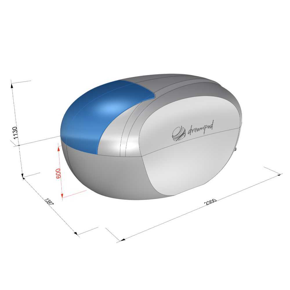 A diagram of the Dreampod Home Float Plus shows its dimensions and sleek, rounded design