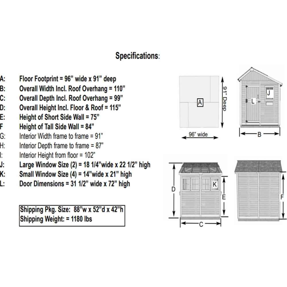 A diagram of the Outdoor Living Today 8×8 Sunshed Garden Shed provides detailed size specifications, including window and door measurements