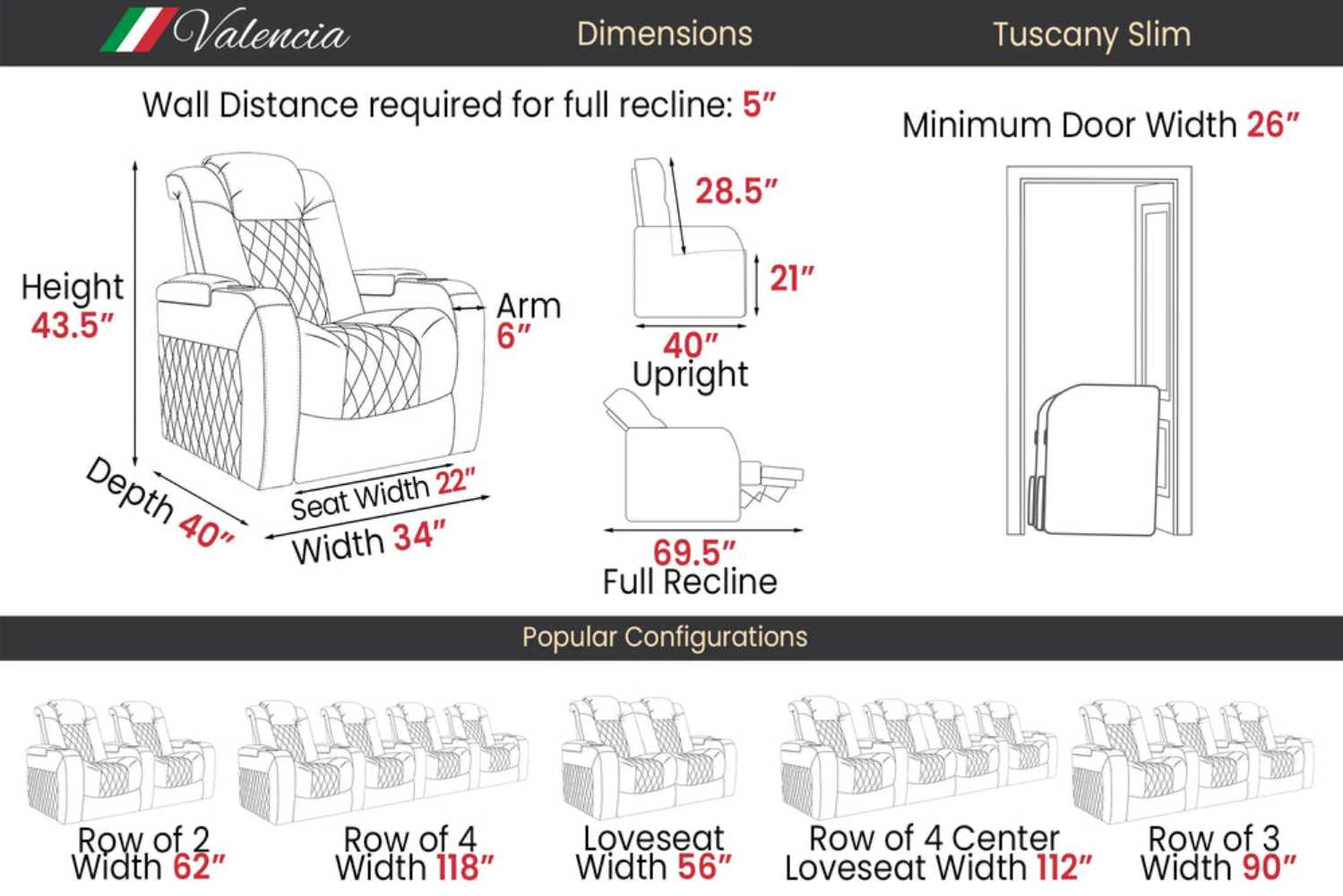 A diagram of the Valencia Tuscany Slim Single Home Theater Seating illustrates its compact dimensions and reclining mechanisms