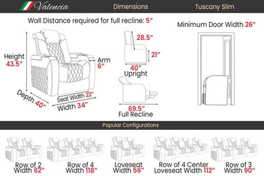 A diagram of the Valencia Tuscany Slim Single Home Theater Seating illustrates its compact dimensions and reclining mechanisms