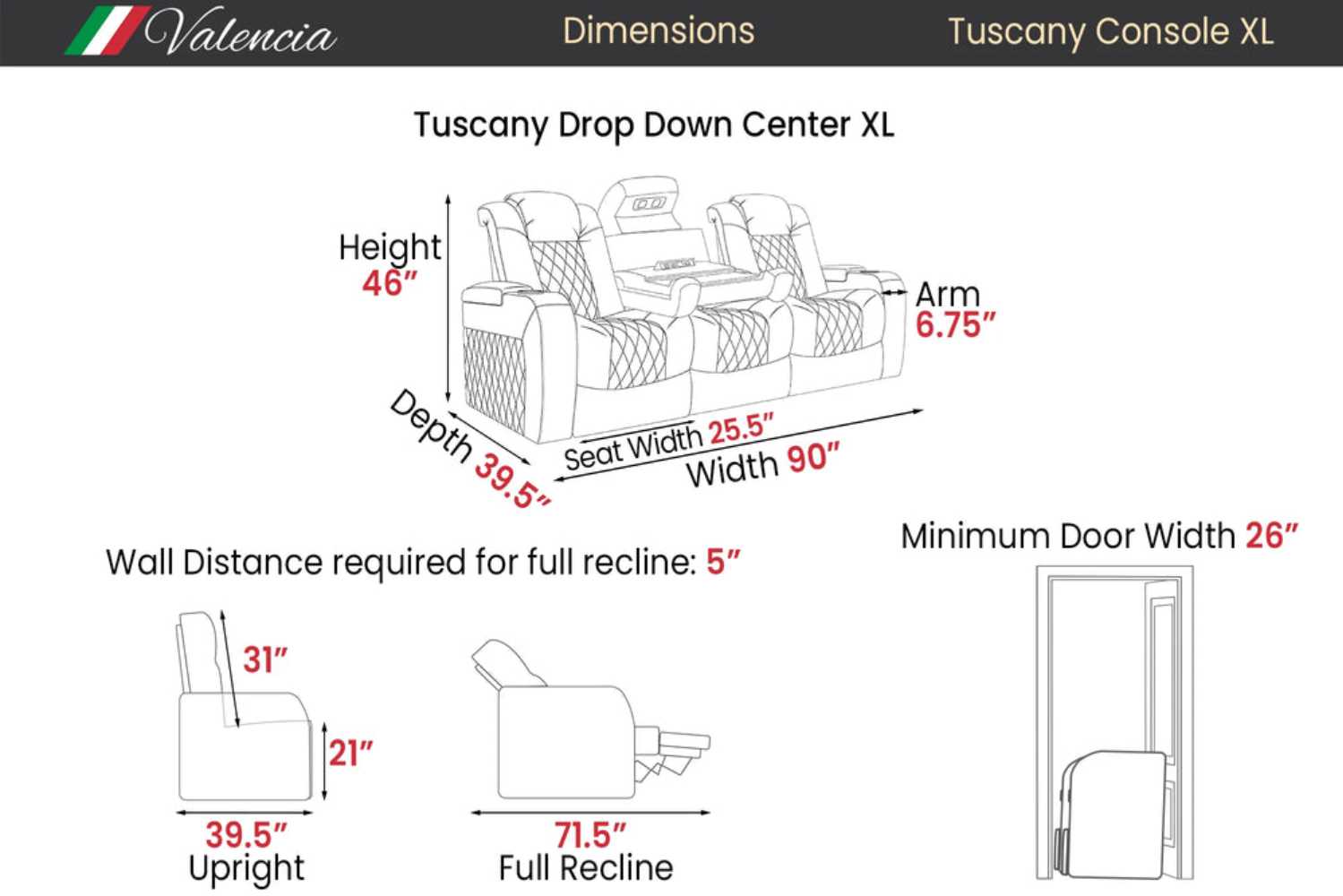 A diagram of the Valencia Tuscany XL Console Edition Home Theater Seating provides dimensions and clearance requirements for full reclining and placement