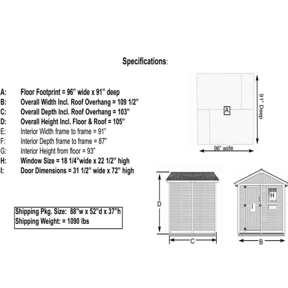 A diagram showing measurements and specifications of the Outdoor Living Today 8×8 Gardener Shed, including floor size, height, and window dimensions