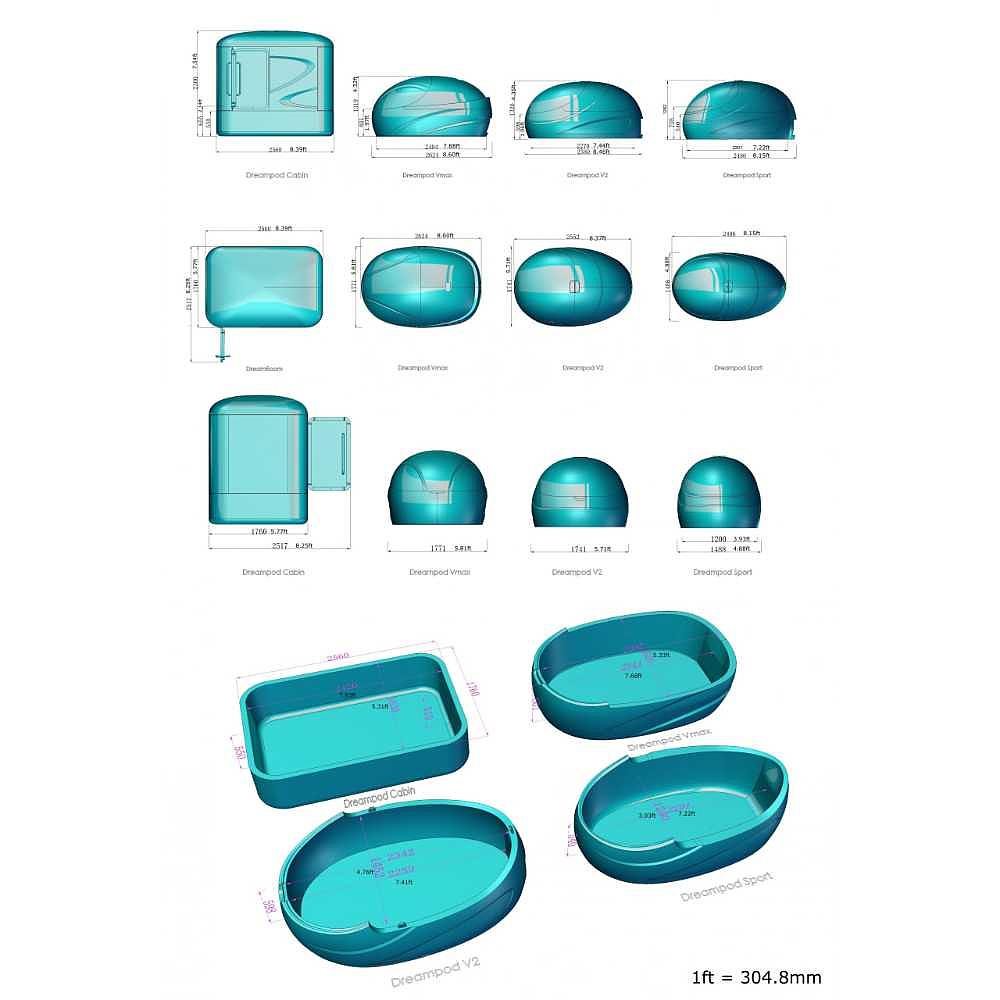 A diagram showing multiple Dreampod Vmax Float Pod models with different shapes and dimensions labeled in detailed technical drawings