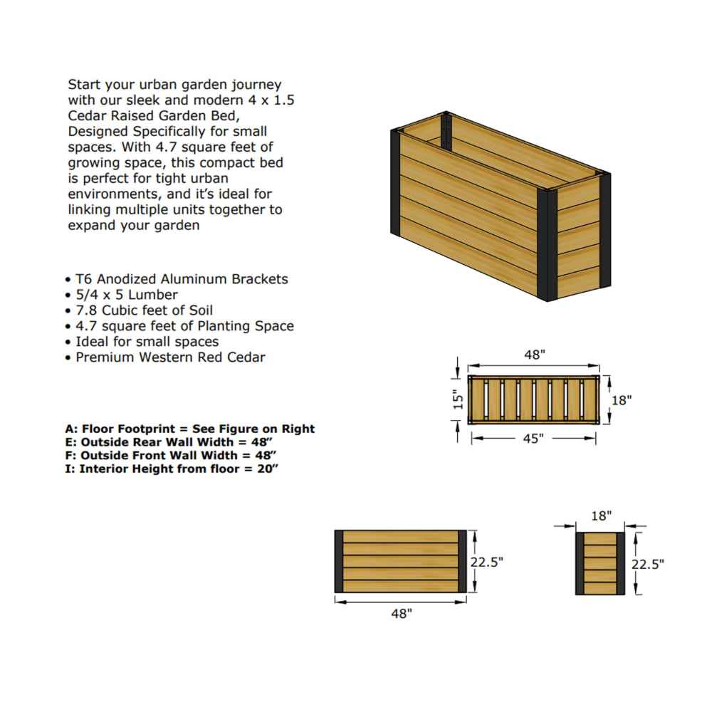 A diagram shows the Outdoor Living Today 4×1.5 Urban Raised Garden Bed with labeled dimensions and specifications for assembly