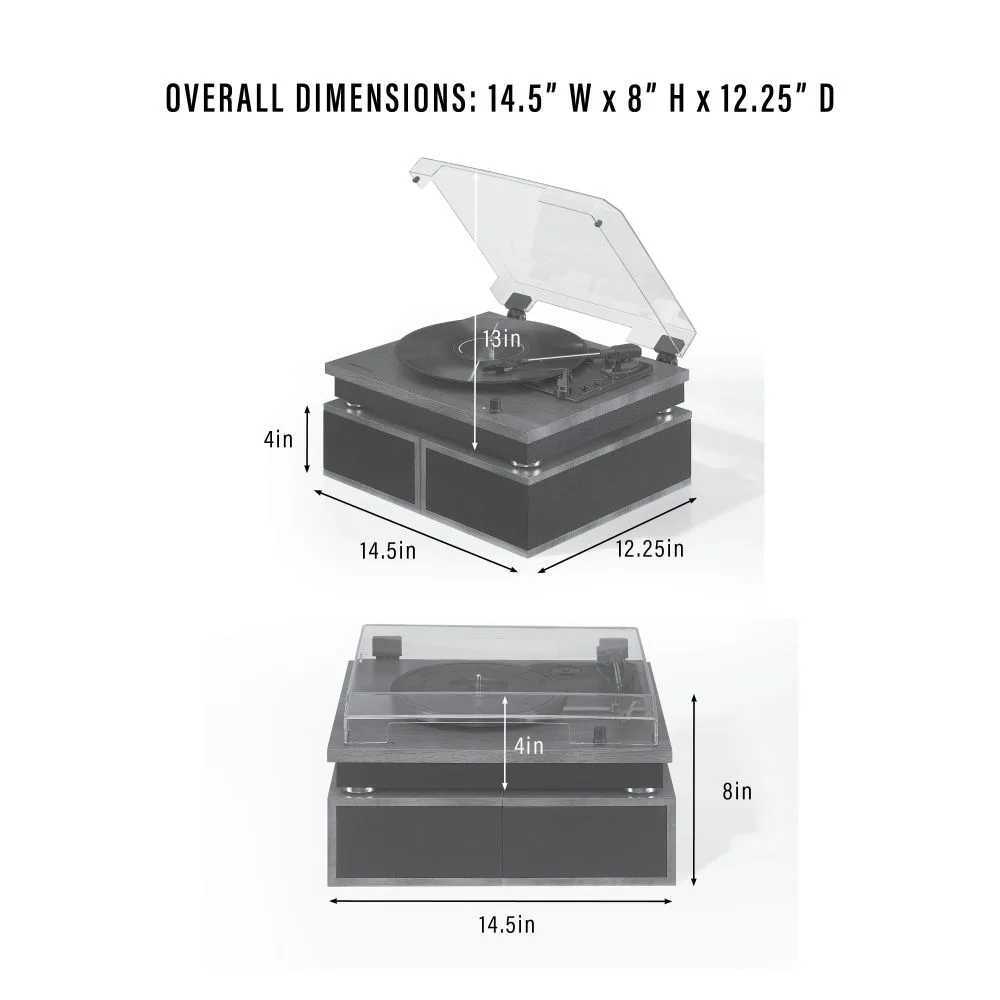 A different configuration of the Crosley Riff Record Player With Speakers - Walnut displays dimensions of 14.5 inches wide, 8 inches high, and 12.25 inches deep