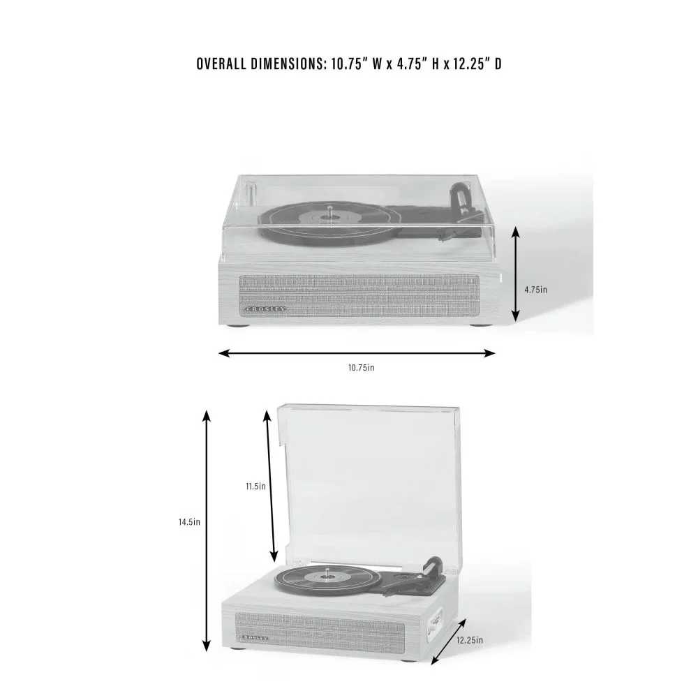 A dimension diagram for the Crosley Scout Turntable - Walnut displays its compact size, measuring 10.75 inches wide, 4.75 inches high, and 12.25 inches deep