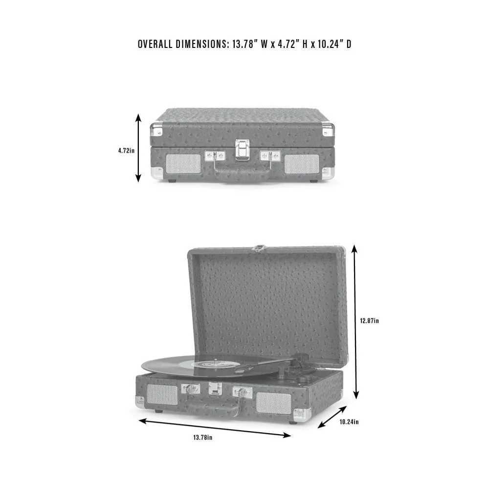 A dimension diagram of the Crosley Cruiser Plus Portable Turntable with Bluetooth InOut - Slate shows its compact measurements