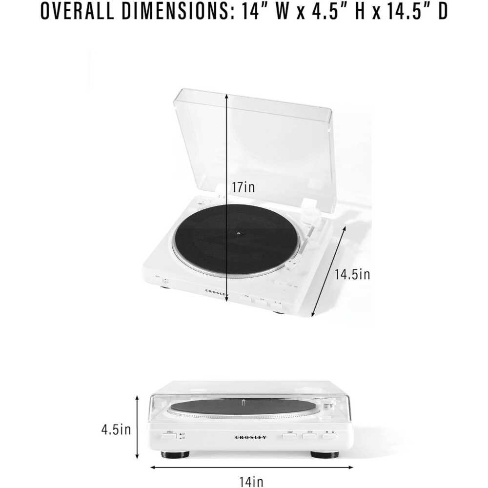 A dimension guide for the Crosley T400D Component Bluetooth Turntable - White shows its measurements of 14 inches wide, 4.5 inches high, and 14.5 inches deep